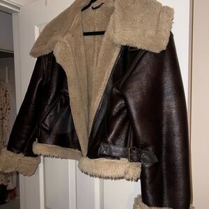 Brown Vegan Leather Shearling Women's Jacket